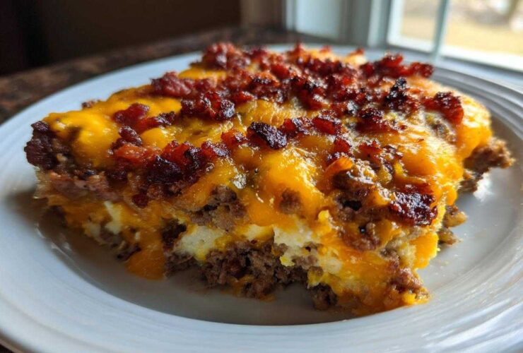 A close-up slice of bacon cheeseburger casserole topped with melted cheddar cheese and crispy bacon bits.