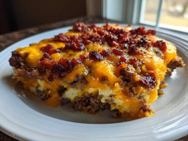 A close-up slice of bacon cheeseburger casserole topped with melted cheddar cheese and crispy bacon bits.