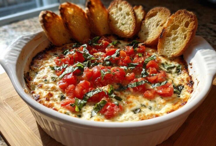 A white baking dish filled with hot, cheesy bruschetta dip topped with fresh tomatoes and basil, served with toasted bread slices.