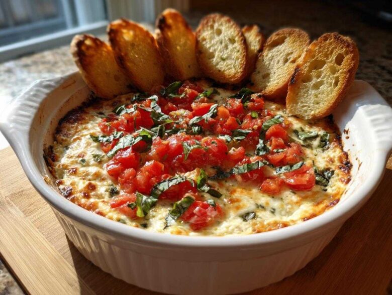 A white baking dish filled with hot, cheesy bruschetta dip topped with fresh tomatoes and basil, served with toasted bread slices.