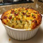 Close-up of a baked jalapeño popper dip in a white ramekin, topped with melted cheese, bacon, and chives.