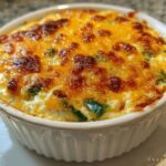 Close-up of a baked jalapeño popper dip in a white ramekin, featuring a bubbly, browned cheese topping.