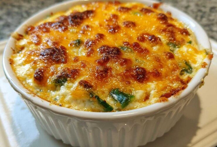 Close-up of a baked jalapeño popper dip in a white ramekin, featuring a bubbly, browned cheese topping.