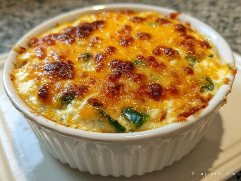 Close-up of a baked jalapeño popper dip in a white ramekin, featuring a bubbly, browned cheese topping.
