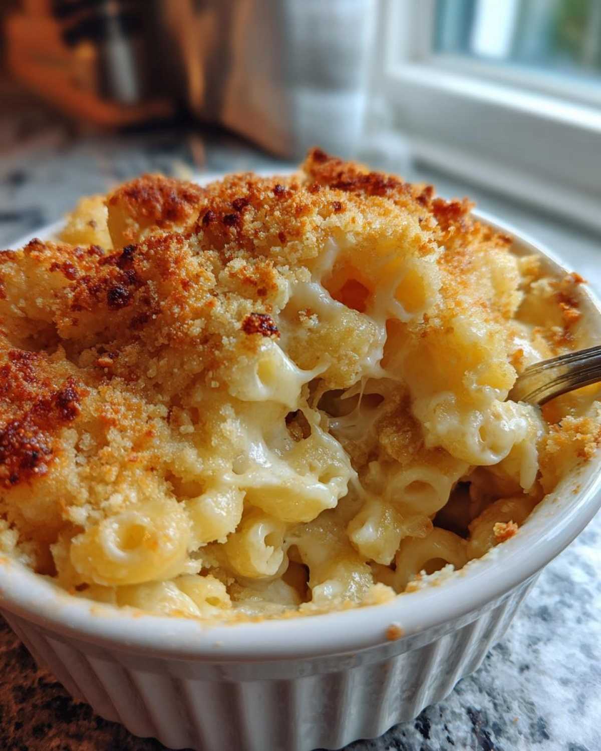 Close-up of creamy baked mac and cheese recipe with a crispy breadcrumb topping being scooped out.