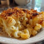 A close-up serving of creamy baked mac and cheese recipe with a golden brown, crispy breadcrumb topping.