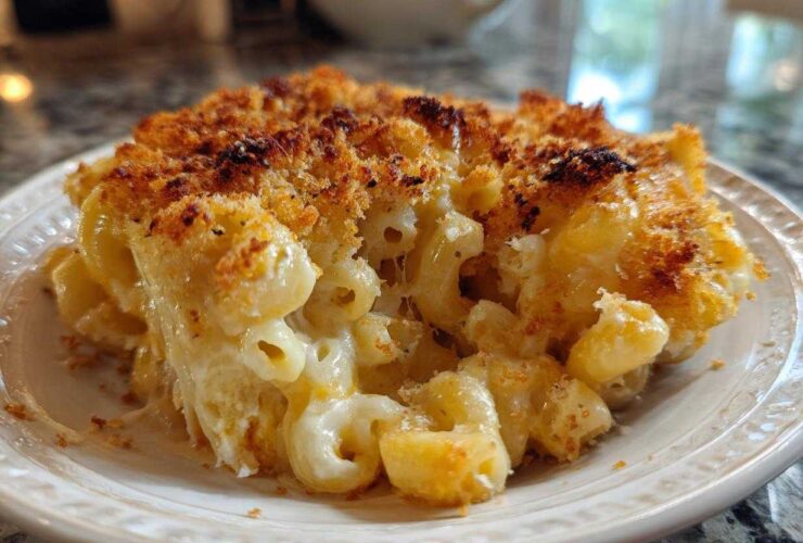 A close-up serving of creamy baked mac and cheese recipe with a golden brown, crispy breadcrumb topping.