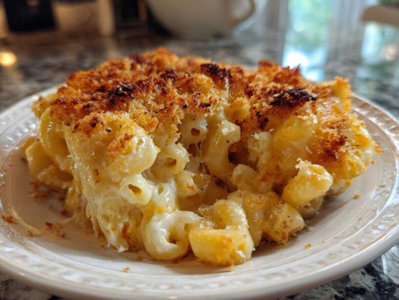 A close-up serving of creamy baked mac and cheese recipe with a golden brown, crispy breadcrumb topping.