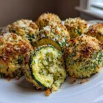 Close-up of several golden brown baked parmesan zucchini rounds stacked on a white plate.