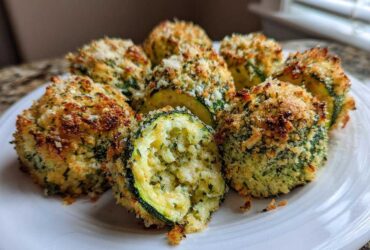 Close-up of several golden brown baked parmesan zucchini rounds stacked on a white plate.