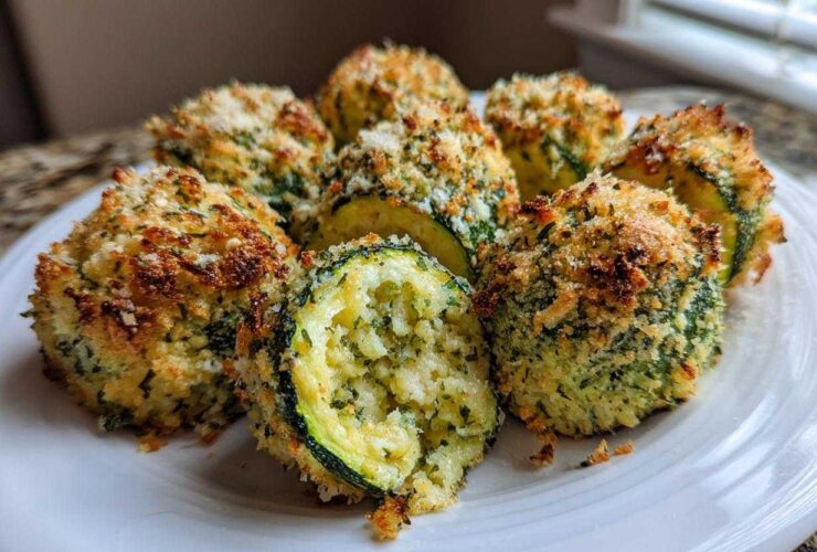 Close-up of several golden brown baked parmesan zucchini rounds stacked on a white plate.