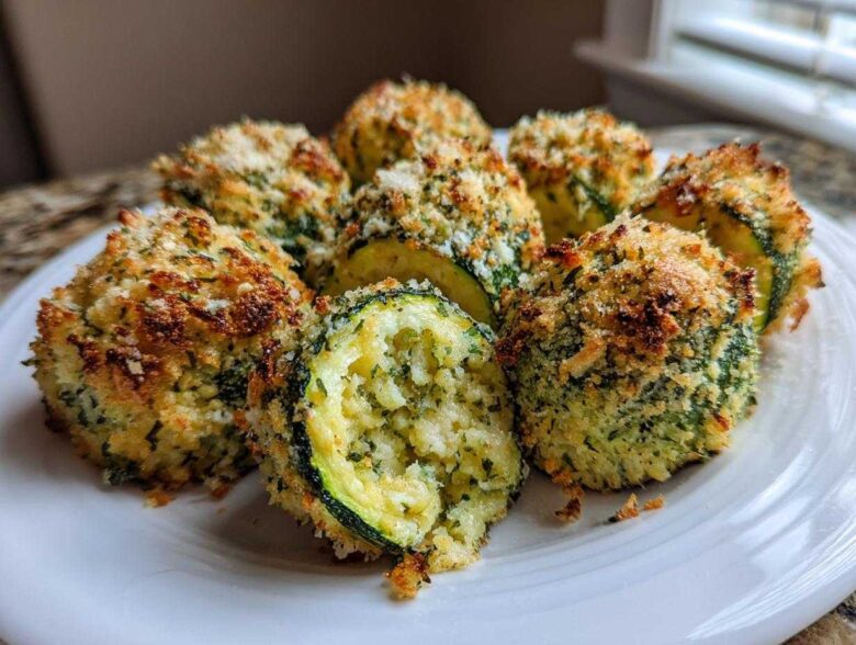 Close-up of several golden brown baked parmesan zucchini rounds stacked on a white plate.