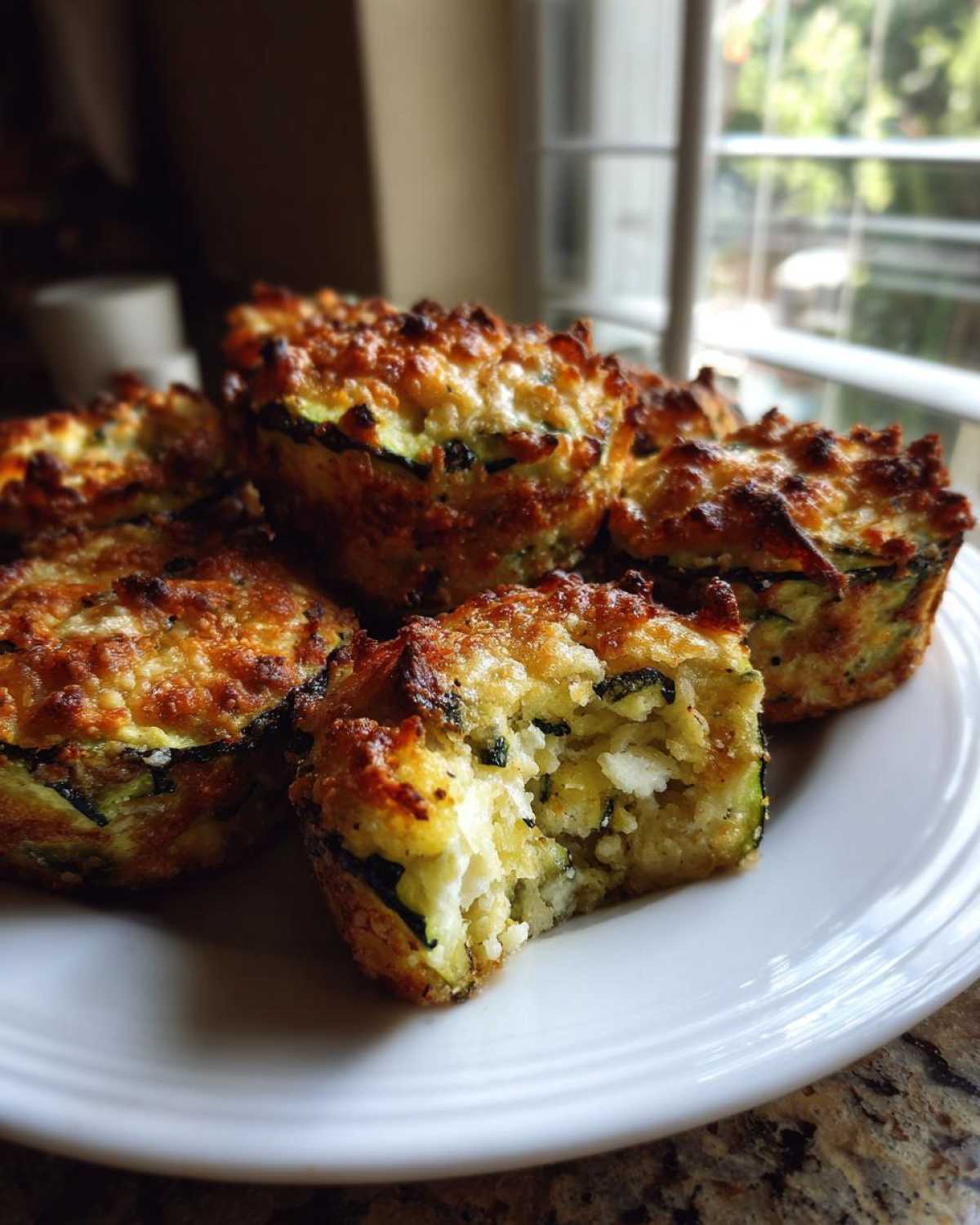 Close-up of golden brown baked parmesan zucchini bites served on a white plate, one is broken open.