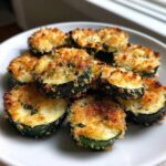 Close-up of perfectly golden baked parmesan zucchini slices piled on a white plate.