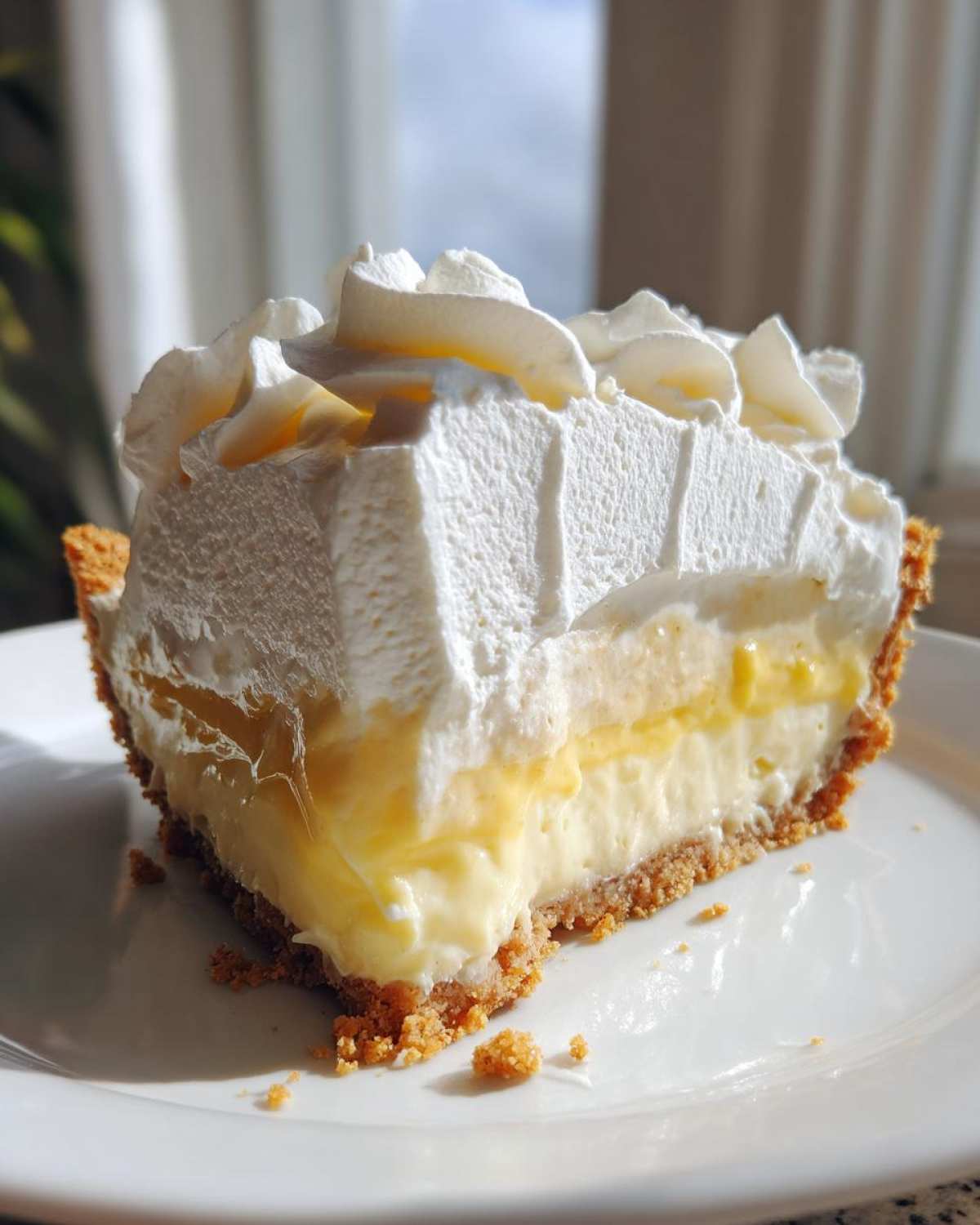 A tall slice of banana cream pie featuring a graham cracker crust, creamy filling, and thick whipped topping.