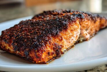 Close-up of a juicy salmon fillet with a dark, spicy crust, prepared using the blackened salmon technique.