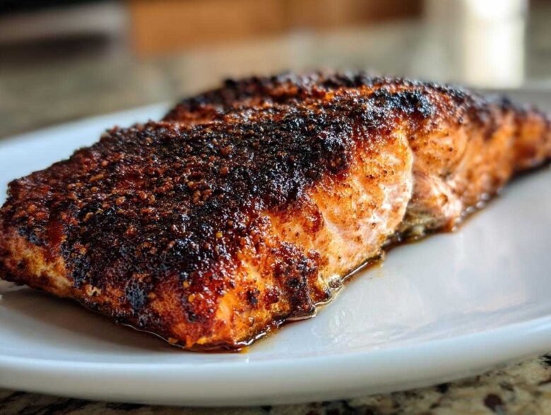 Close-up of a juicy salmon fillet with a dark, spicy crust, prepared using the blackened salmon technique.