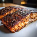 Close-up of two perfectly cooked blackened salmon fillets with a dark, spicy crust resting on a white plate.
