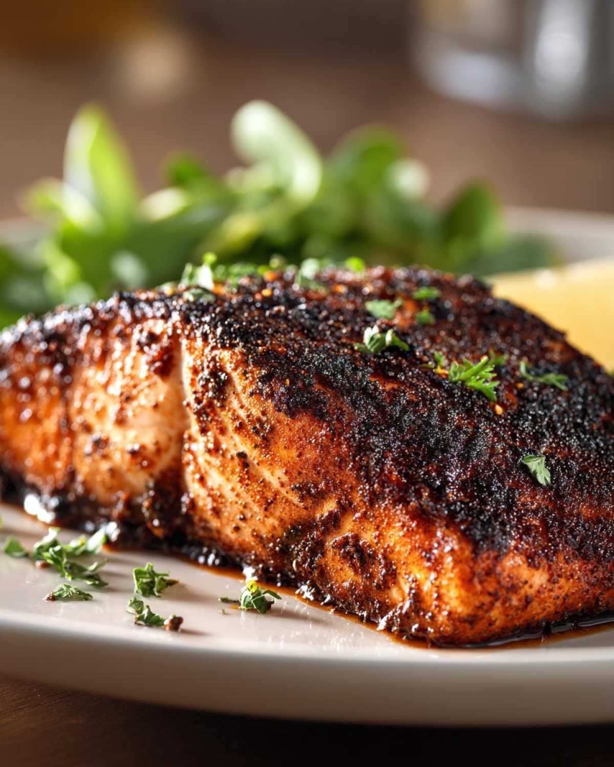 Close-up of a perfectly cooked blackened salmon fillet with a dark spice crust, served with greens.