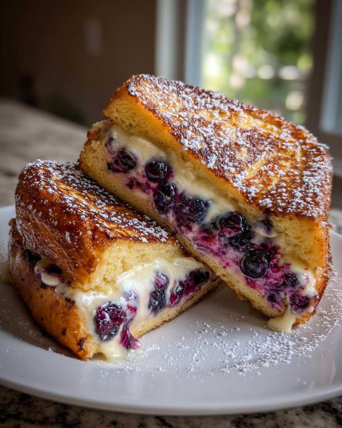 Two halves of golden brown stuffed french toast filled with creamy cheese and whole blueberries, dusted with powdered sugar.