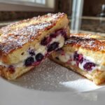 Two halves of golden brown stuffed french toast overflowing with creamy filling and blueberries, dusted with powdered sugar.