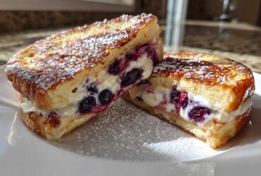 Two halves of golden brown stuffed french toast overflowing with creamy filling and blueberries, dusted with powdered sugar.