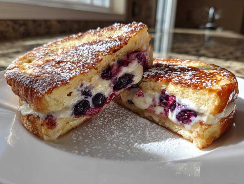 Two halves of golden brown stuffed french toast overflowing with creamy filling and blueberries, dusted with powdered sugar.