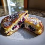 Two halves of blueberry stuffed french toast, filled with cream cheese and berries, dusted with powdered sugar.
