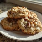 A close-up of several soft, chewy butter pecan cookies stacked on a white plate, illuminated by natural light.