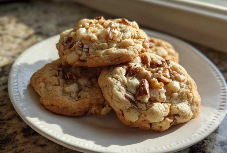 A close-up of several soft, chewy butter pecan cookies stacked on a white plate, illuminated by natural light.