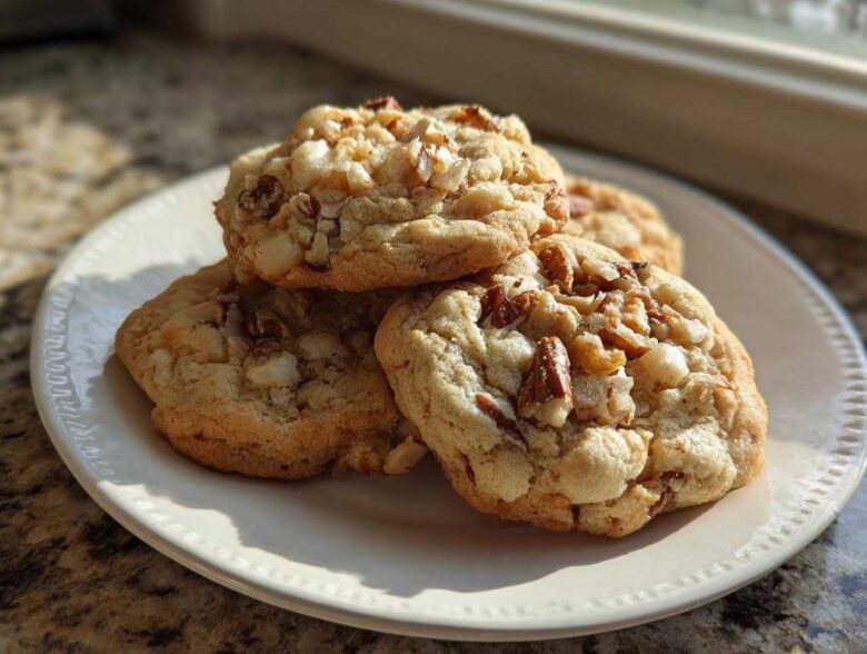 A close-up of several soft, chewy butter pecan cookies stacked on a white plate, illuminated by natural light.