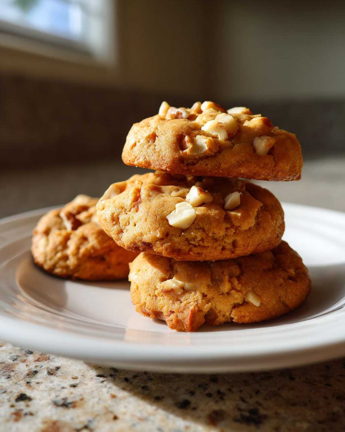 A stack of three golden brown butter pecan cookies topped with chopped nuts, resting on a white plate.