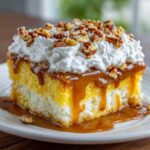 Close-up of a moist slice of butter pecan praline poke cake topped with whipped cream, caramel sauce, and chopped pecans.