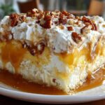 A decadent slice of butter pecan praline poke cake topped with whipped cream, caramel sauce, and chopped pecans.
