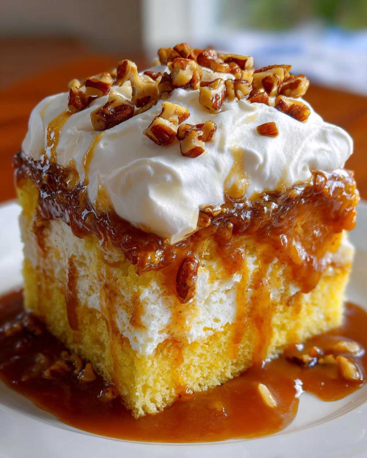 A decadent slice of butter pecan praline poke cake topped with whipped cream, caramel sauce, and chopped pecans.