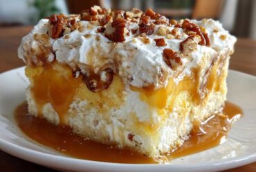 A decadent slice of butter pecan praline poke cake topped with whipped cream, caramel sauce, and chopped pecans.