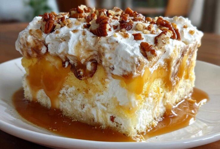 A decadent slice of butter pecan praline poke cake topped with whipped cream, caramel sauce, and chopped pecans.