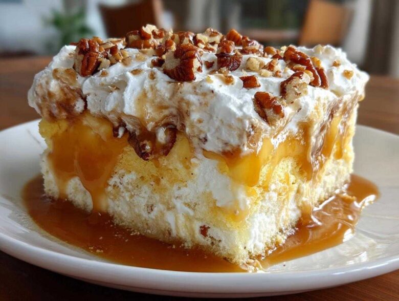 A decadent slice of butter pecan praline poke cake topped with whipped cream, caramel sauce, and chopped pecans.