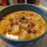 Close-up of a blue bowl filled with creamy cheeseburger soup recipe, showing potatoes, ground beef, and herbs.