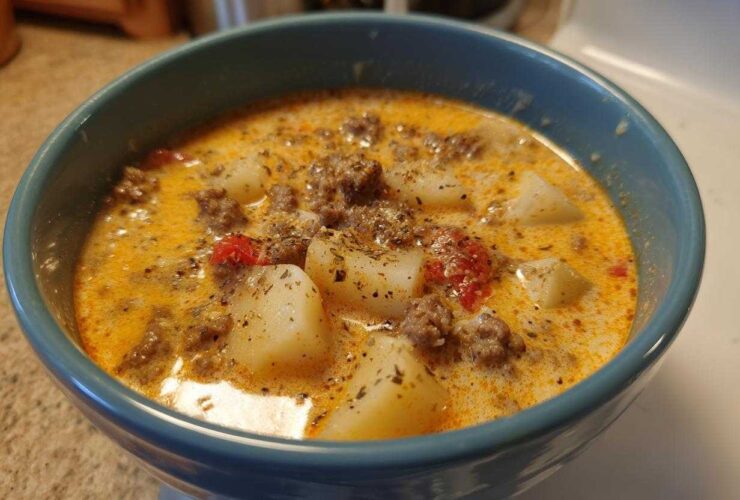 Close-up of a blue bowl filled with creamy cheeseburger soup recipe, showing potatoes, ground beef, and herbs.