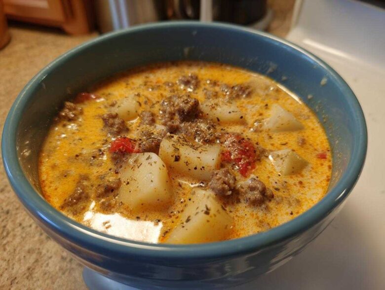 Close-up of a blue bowl filled with creamy cheeseburger soup recipe, showing potatoes, ground beef, and herbs.