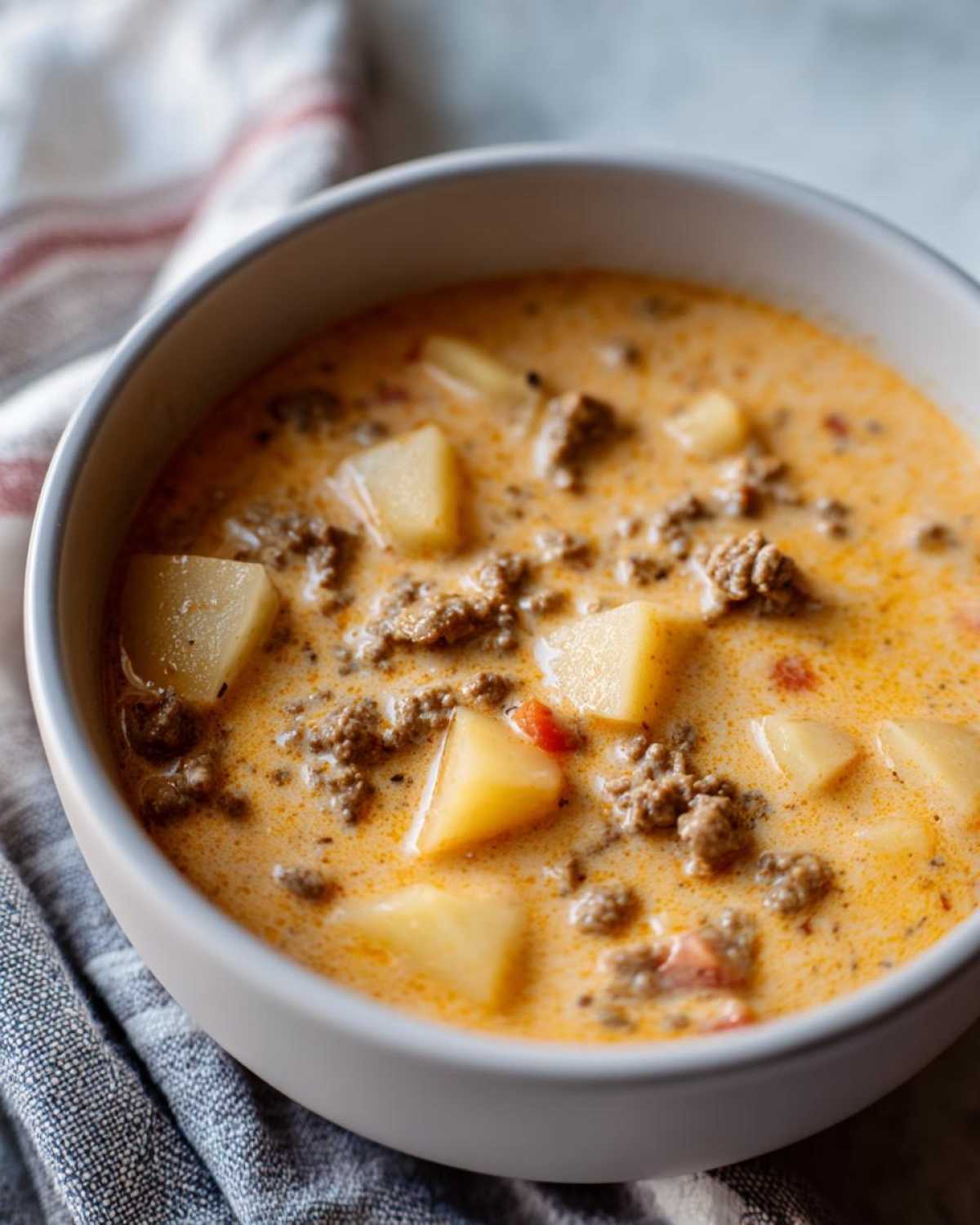 A close-up of a bowl of creamy, orange-hued cheeseburger soup with chunks of potato and ground beef.