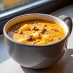 Close-up of a bowl of rich, orange-colored cheeseburger soup with chunks of potato and ground beef.