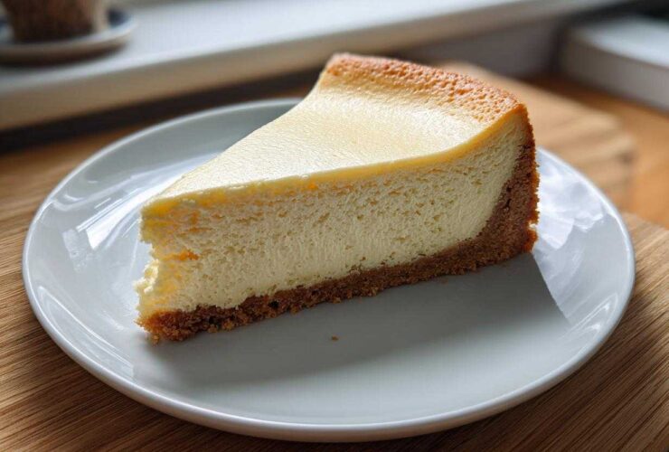 A perfect slice of creamy baked cheesecake recipe with a thick graham cracker crust on a white plate.
