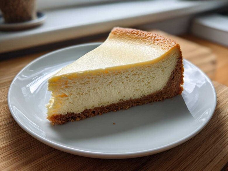 A perfect slice of creamy baked cheesecake recipe with a thick graham cracker crust on a white plate.