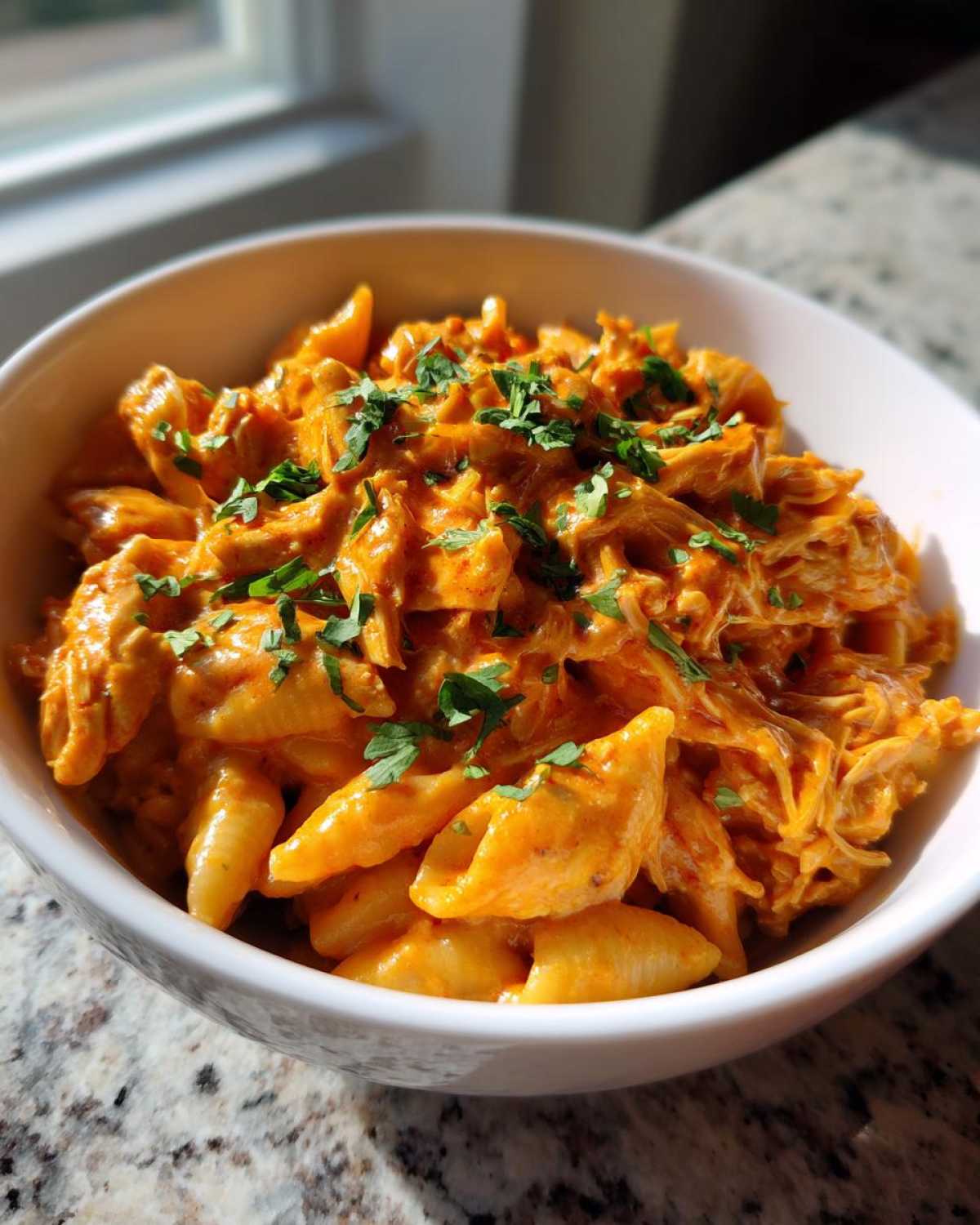 A close-up of a white bowl filled with creamy, orange-sauced enchilada pasta mixed with shredded chicken and topped with fresh parsley.