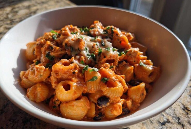 Close-up of a white bowl filled with creamy, cheesy enchilada pasta topped with melted cheese and fresh parsley.