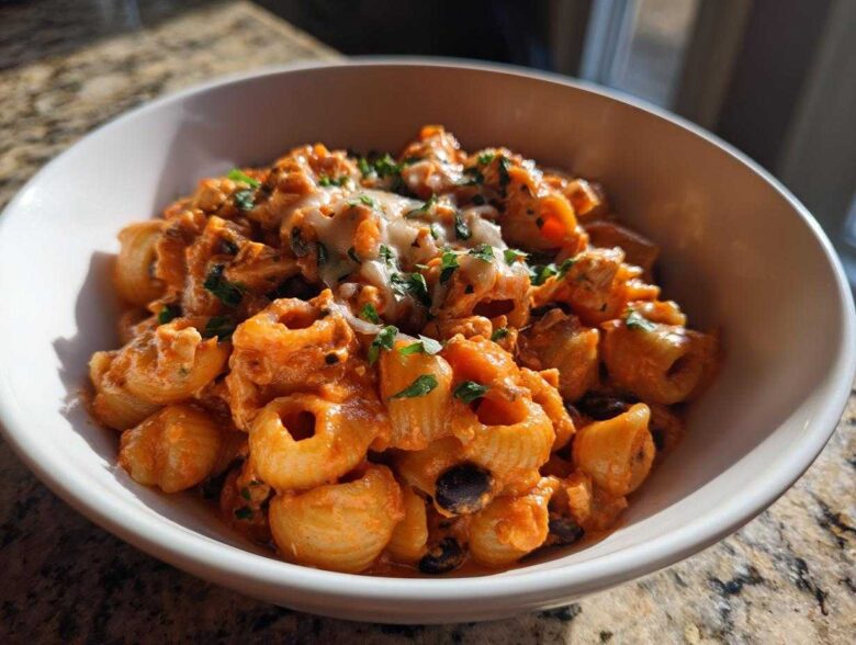Close-up of a white bowl filled with creamy, cheesy enchilada pasta topped with melted cheese and fresh parsley.