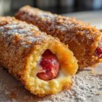 Two crispy, deep-fried korean corn dog sticks, one cut open showing melted cheese and a sausage, dusted with powdered sugar.