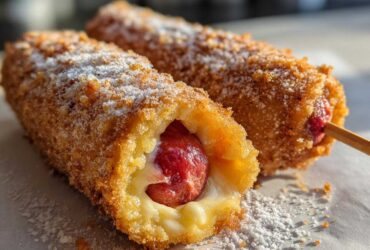 Two crispy, deep-fried korean corn dog sticks, one cut open showing melted cheese and a sausage, dusted with powdered sugar.